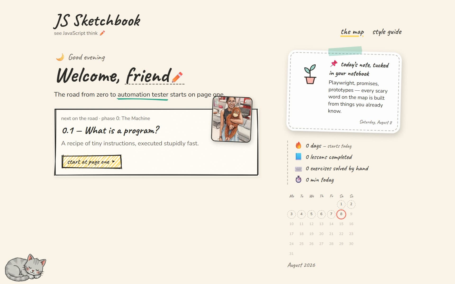 The JS Sketchbook home page: a hand-drawn notebook interface with the next lesson, a progress streak and a monthly calendar
